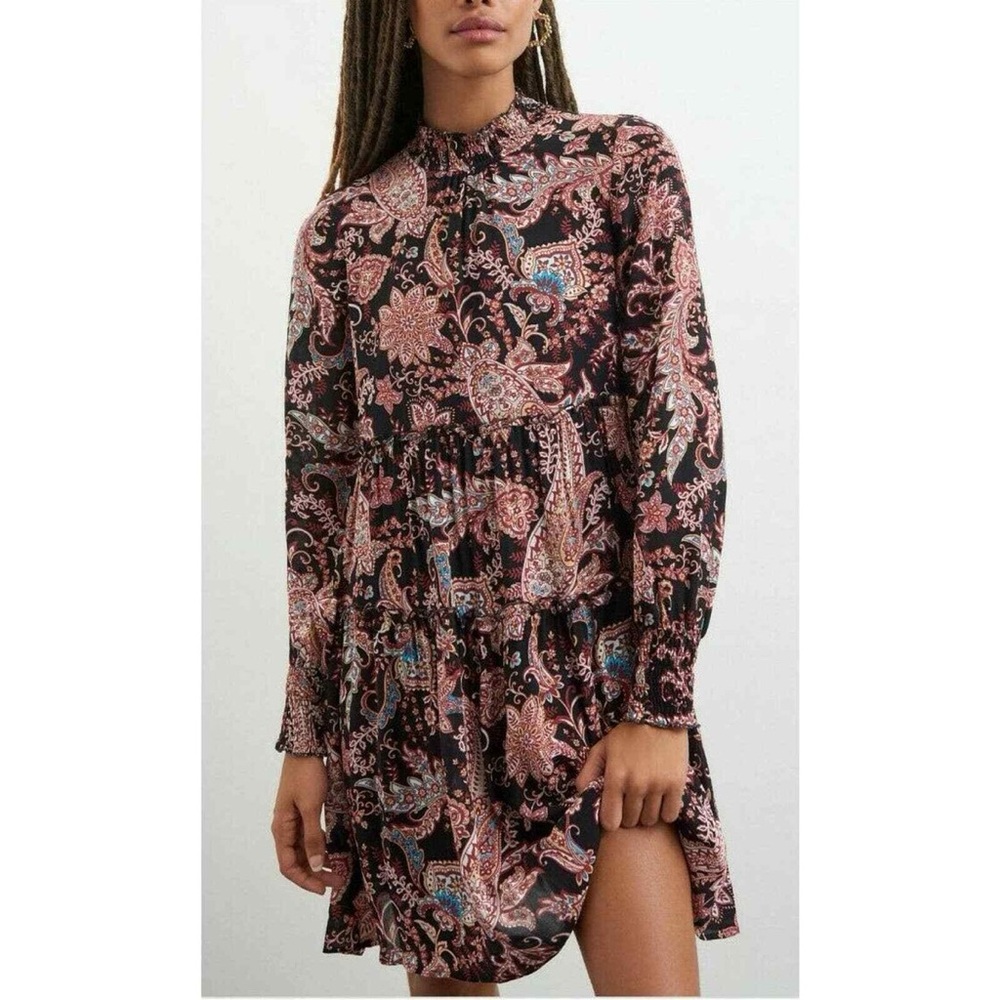 Anthropologie Pink and Black Paisley Long Sleeve Dress